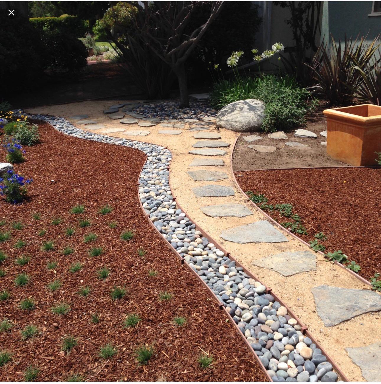 Custom stone pathway with mulch and landscaping
